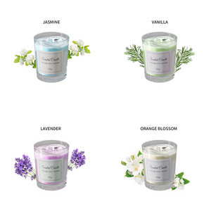 Four cup-shaped scented candles in a row, each labeled with a distinct fragrance (Jasmine, Vanilla, Lavender, Orange Blossom)