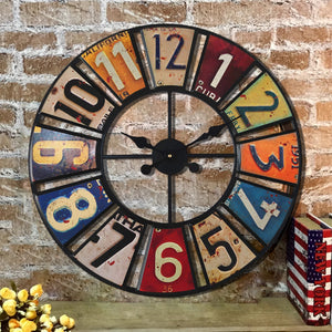Large Retro Wall Clock with Vintage License Plate Design