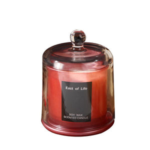 Luxurious room fragrance candle in sleek cup-shaped glass container, made from eco-friendly soy wax, scented with a blend of rose, white tea, lime, and pear, measuring 12.5x9x8.5cm, with a weight of 820g and 40 hours burn time.