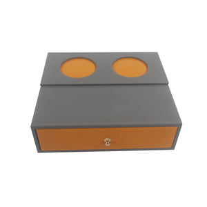 Leather Toothbrush Holder with Orange Finish and Wooden Base