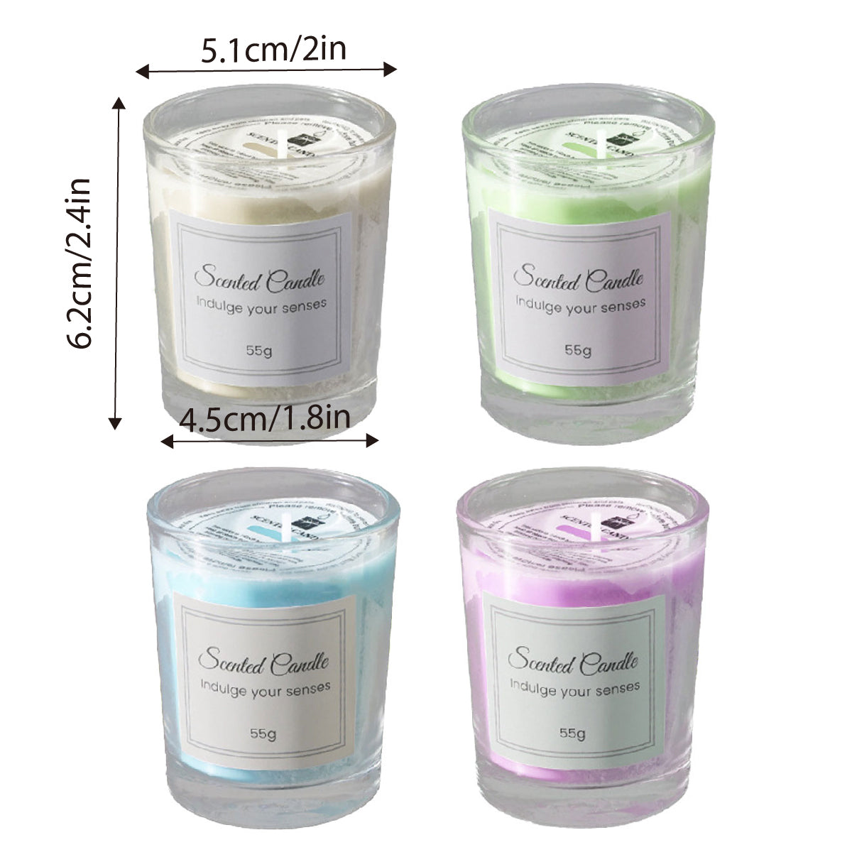 Compact candle dimensions (75mm × 83mm × 83mm) demonstrated by placing one in a guest room setting